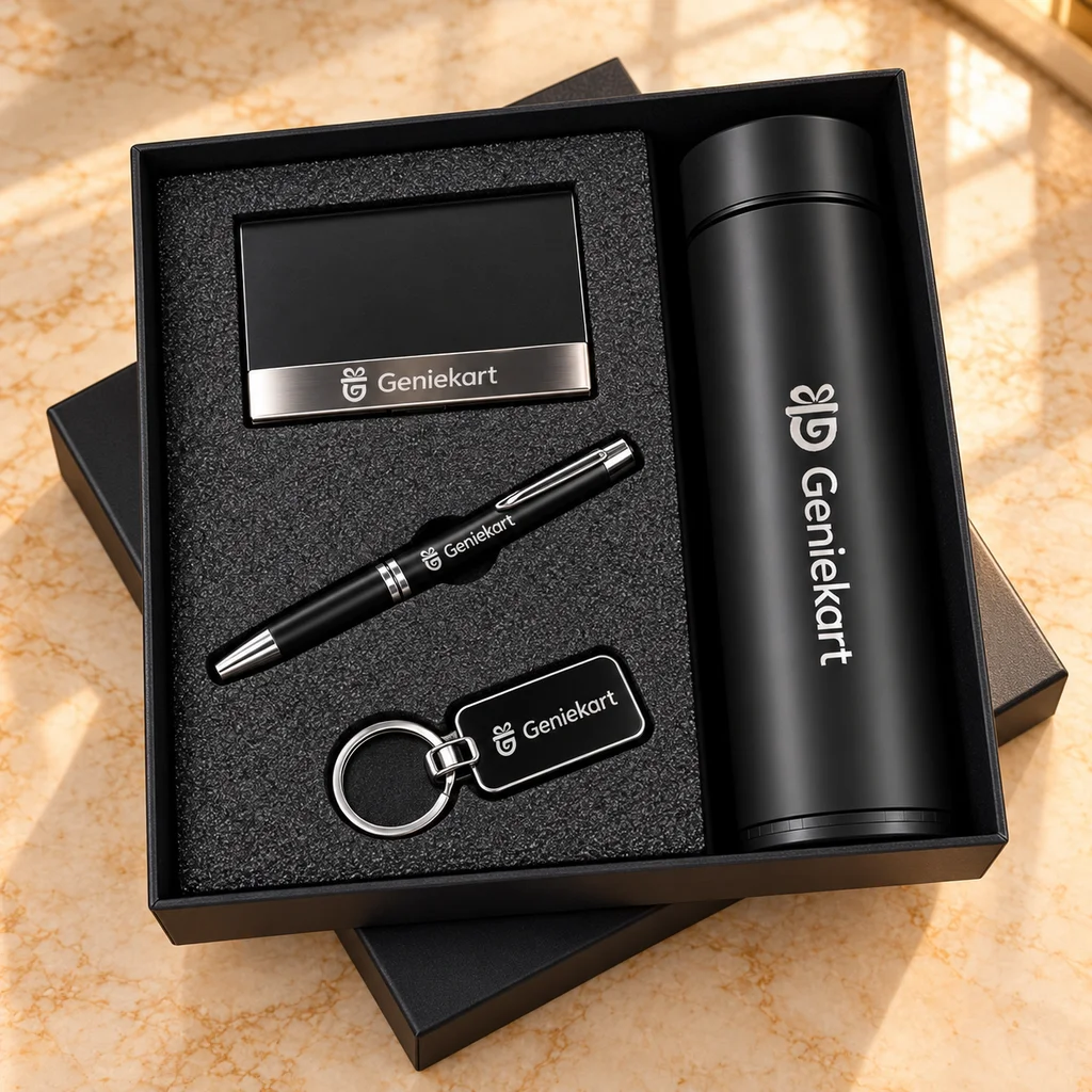 Black Business Essentials Set: Metal card holder, Metal pen, Metal keychain, Temperature-style bottle. Illustrative generated photograph.