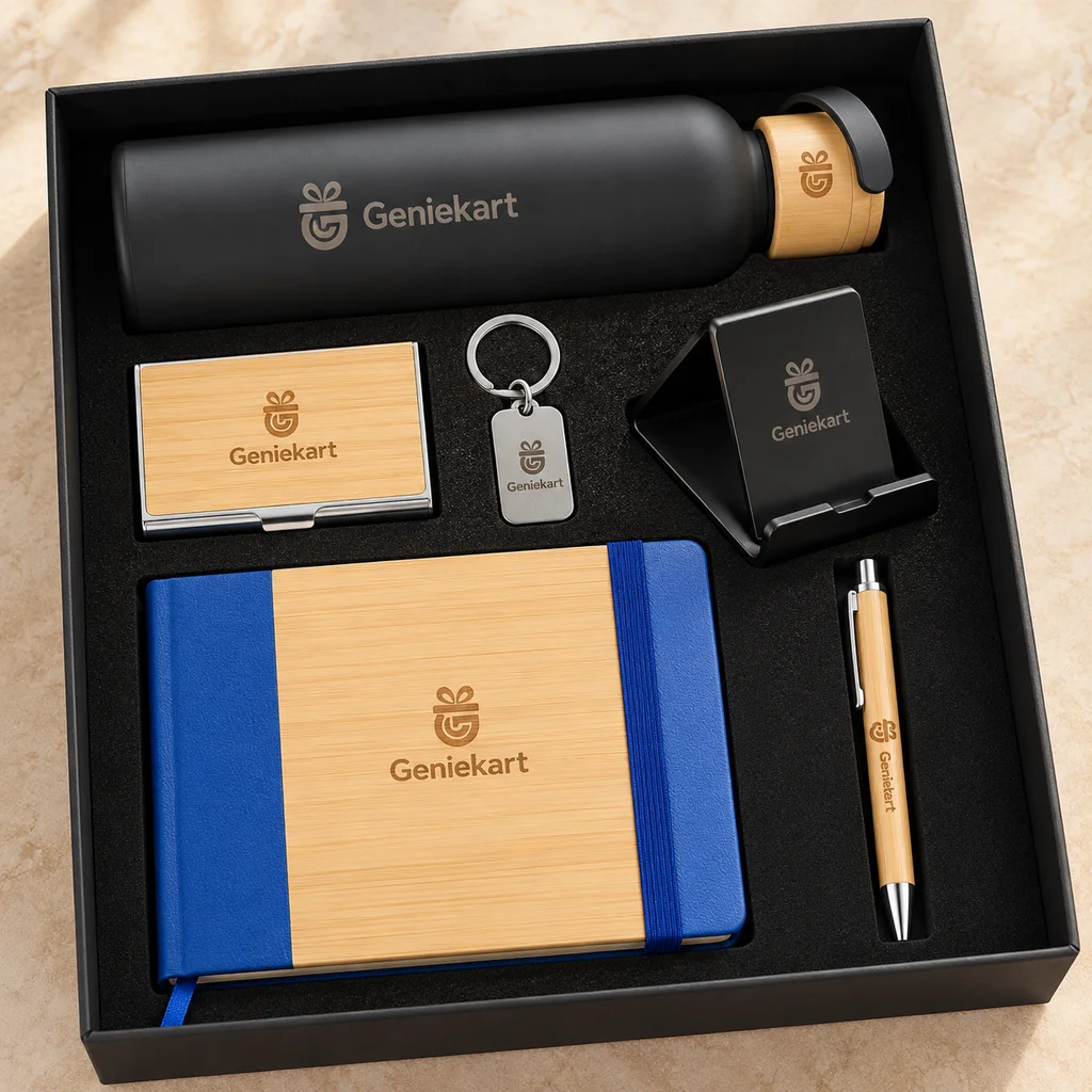 Blue Bamboo & Black Bottle Set: Blue bamboo-style diary, Black wooden-cap bottle, Bamboo-style pen, Phone stand, Metal keychain, Bamboo-style card holder. Illustrative generated photograph.