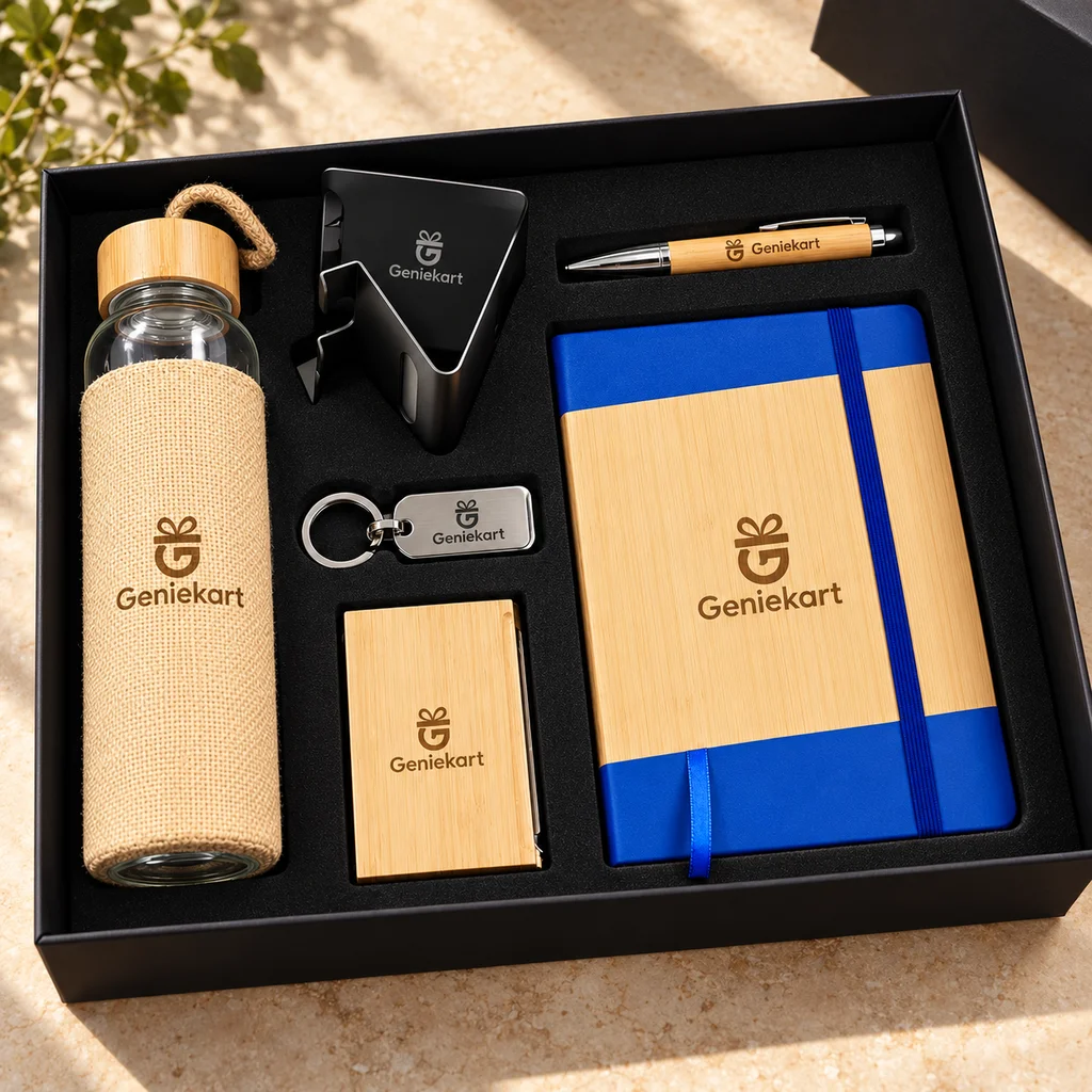 Blue Bamboo & Jute Gift Set: Blue bamboo-style diary, Jute-sleeved glass bottle, Bamboo-style pen, Phone stand, Metal keychain, Bamboo-style card holder. Illustrative generated photograph.