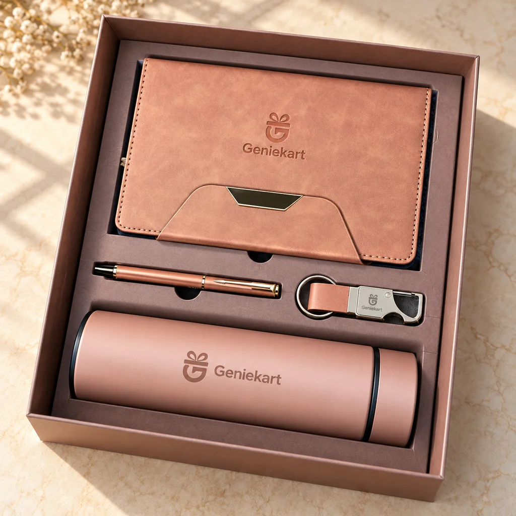 Blush Business Gift Set: Blush tan diary, Blush bottle, Matching pen, Matching keychain. Illustrative generated photograph.