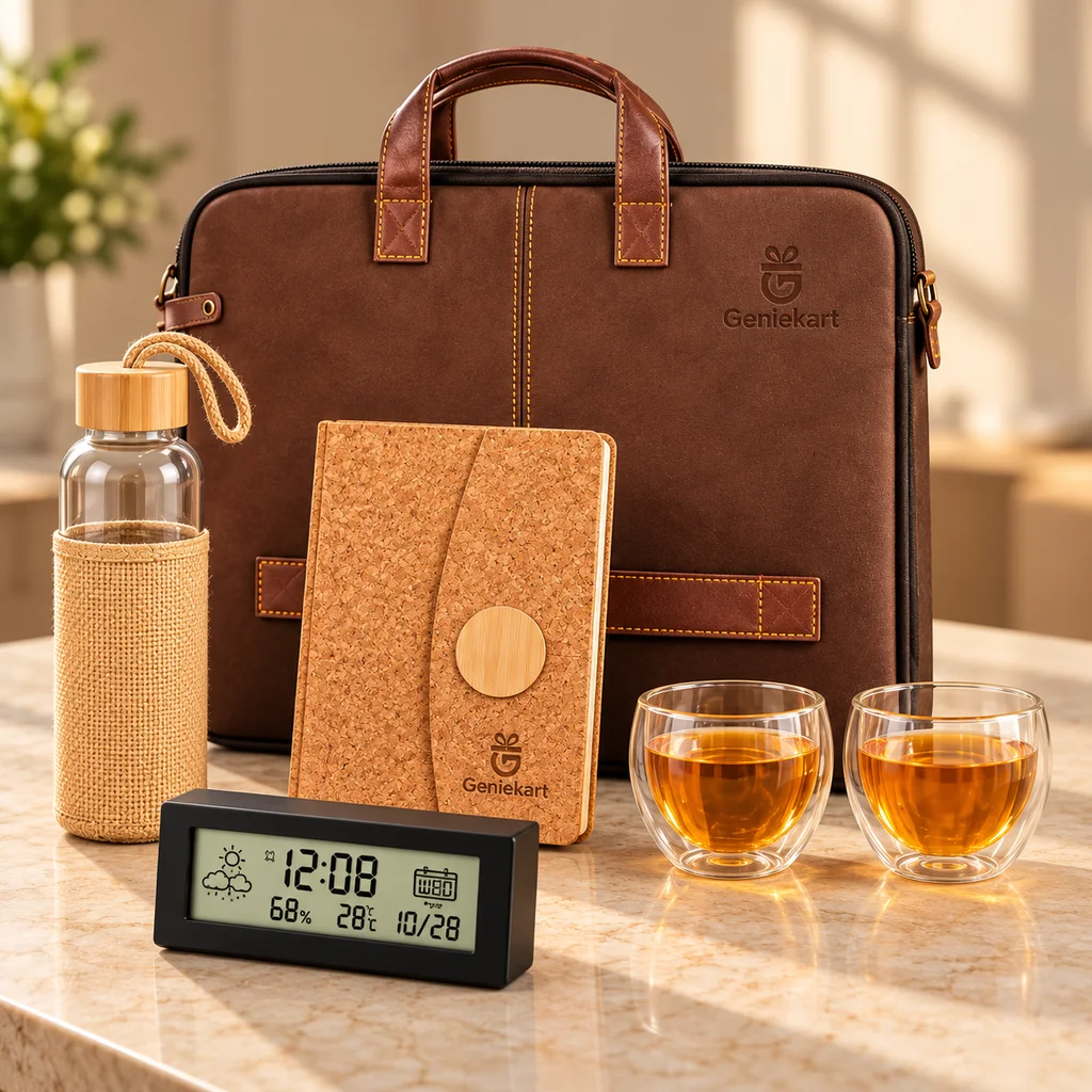 Cork & Glass Executive Set: Brown laptop briefcase, Jute-sleeved glass bottle, Cork-style diary, Glass cup, Glass cup, Digital desk clock. Illustrative generated photograph.