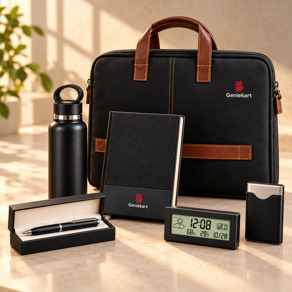 Executive Signature Set: Laptop briefcase, Loop-cap bottle, Textured black diary, Boxed pen, Digital desk clock, Card holder. Illustrative generated photograph.