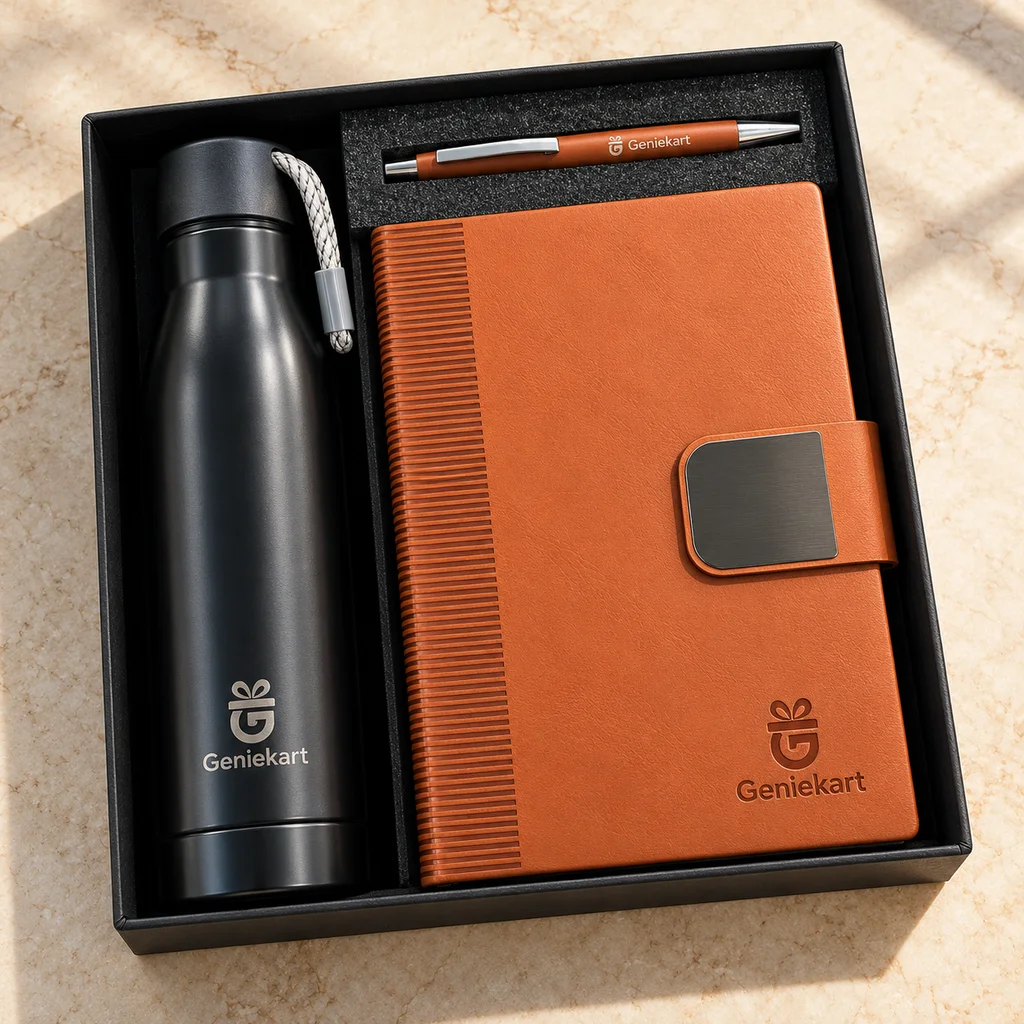 Tan Diary & Bottle Gift Set: Tan clasp diary, Black rope-loop bottle, Matching pen. Illustrative generated photograph.