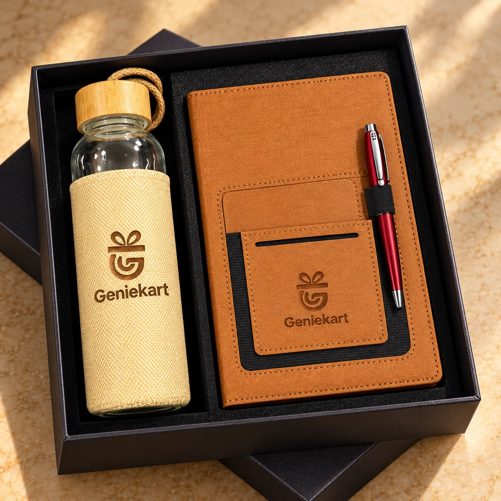 Tan Pocket Diary Gift Set: Tan pocket diary, Metal pen, Jute-sleeved glass bottle. Illustrative generated photograph.
